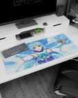 Aqua from KonoSuba anime desk pad, 36x16 inches, with bright blues and greens, adds joy and chaos to your workspace.