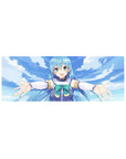 KonoSuba Aqua anime mouse pad 32x12 inches, featuring Aqua with arms wide open under bright sky blues and seafoam greens.