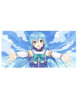 Anime mouse pad featuring Aqua from KonoSuba, 32x16 inches. Bright colors, welcoming pose, adds joy to your gaming setup.
