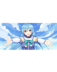 Anime mouse pad featuring Aqua from KonoSuba, size 36x16 inches, welcoming with open arms under bright blue skies.