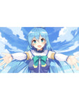 Anime desk pad featuring Aqua from KonoSuba, 40x20 inches. Bright blues and greens with Aqua's welcoming smile.