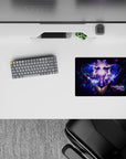 Galaxy-themed anime mouse pad 14x10 inches in electric violet and deep-space blue, dreamy neon glow.