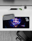 28x12 inches anime girl mouse pad in electric violet and deep-space blue with neon sparks, dreamy sci-fi vibe.