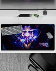 32x16 inches anime desk pad in electric violet and deep-space blue, dreamy neon galaxy dust vibe.