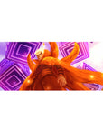 Anime desk pad 36x16 inches with neon purple rings, orange chakra cloak art, and premium smooth surface.