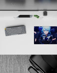 Navy galaxy anime girl mouse pad 14x10 inches in icy blues, neon lines, and glittering constellations.