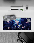 28x12 inches anime girl mouse pad in icy blues and deep navy, glitter constellations and neon lines.