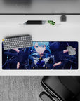 32x12 inches anime girl mouse pad in icy blues and deep navy, neon lines and glittery stars for cosmic vibes.