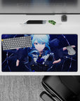 32x16 inches anime girl mouse pad in icy blues and navy, neon constellation glow, dreamy space vibe.