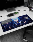 36x16 inches anime girl desk pad showing a blue-haired girl reaching toward you, star detail on her uniform.