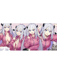 Anime girl desk pad 36x16 inches with demon girl in four poses, silver hair, black horns, cat cameo.