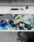 Anime desk pad 36x16 inches featuring Sinon from Sword Art Online in teal outfit with cat ears and a dreamy cloudscape.