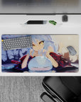 32x16 inches anime mouse pad in warm dusk tones with soft blue hair, golden eyes, and shadowy garden vibes.