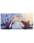 32x16 inches anime girl mouse pad with kimono beauty, butterflies, and a cute blushing slime on desk.