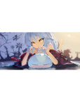 36x16 inches anime girl desk pad with blue hair, golden eyes, kimono florals, butterflies, and slime.