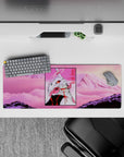 32x12 inch anime mouse pad featuring EVA Unit-01 in neon pinks, fangs out, with a vaporwave sky backdrop.