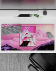Evangelion Unit-01 anime mouse pad, 32x16 inches, with neon pinks and vaporwave sky design, adds boldness to any setup.