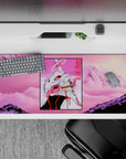 Anime desk pad featuring EVA Unit-01 in vibrant pinks and neon, size 36x16 inches, perfect for bold desk setups.