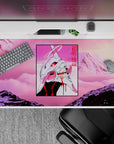 Anime desk pad 40x20 inches featuring EVA Unit-01 from Neon Genesis Evangelion in vivid pinks and neon hues, perfect for fans.