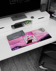 Anime mouse pad 28x12 inches featuring EVA Unit-01 in neon pink, with fangs and halo against a vaporwave sky.