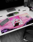 Anime desk pad featuring EVA Unit-01 from Neon Genesis Evangelion in neon pink, 40x20 inches, adds bold style.