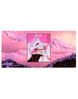 Anime mouse pad 32x16 inches featuring EVA Unit-01 in neon pinks, fangs out, and vaporwave sky background.