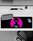 32x12 inches retro-future anime mouse pad in neon pink and black, bold city-sunset vibe, high contrast.