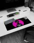 Anime silhouette face-off mouse pad 28x12 inches featuring spiky-haired figure with lightning eyes.