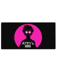 Anime mouse pad 32x16 inches with neon pink circle, black silhouette, white lightning eyes, Japanese text.