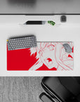 28x12 inches red anime desk mat with crisp white outline art, loud energetic vibe for gaming or work.