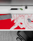 Red anime desk pad 36x16 inches, loud electric vibe with clean white outlines and sharp attitude.