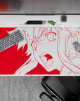 Red anime desk pad 40x20 inches with loud, electric vibe and crisp minimalist white outline.