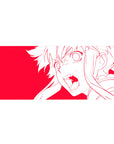 Anime girl desk pad 36x16 inches with bold white line art, fierce eyes, and flowing hair on red.