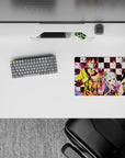 Pink splash over black-and-white grid, loud cute vibe classic anime mouse pad 14x10 inches.
