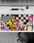 Chaotic cute 32x16 inches anime mouse pad in pink splashes over black-and-white checkerboard, loud vibe.