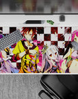 Pink splash on black-and-white checkers, loud cute vibe anime desk pad 40x20 inches.