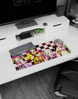 Sora and Shiro posing with cards, yellow hoodie and crown accents on anime mouse pad 28x12 inches.