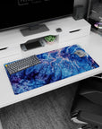 Modern 32x16 inches mouse pad featuring topographic-inspired design, with deep blues, purple, and pink for a tranquil, inspiring workspace vibe.