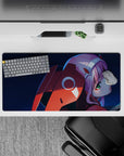 Fiery 32x16 mouse pad with deep blues, fiery reds, and Zero Two’s piercing green eyes for intense energy
