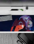 Intense 36x16 desk pad featuring deep blues, fiery reds, and Zero Two’s piercing green eyes for powerful presence