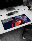 Bold 32x16 mouse pad showcasing deep blues, fiery reds, and Zero Two’s piercing green eyes for a fierce anime look