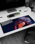 Bold 36x16 anime desk mat with fiery reds, deep blues, and Zero Two’s piercing green eyes for an intense vibe