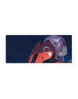 Zero Two 28x12 mouse pad featuring deep blues, fiery reds, and piercing green eyes for a fierce anime aesthetic