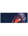 Zero Two 32x12 mouse pad with fiery reds, deep blues, and piercing green eyes for intense anime energy