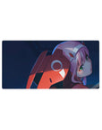 Zero Two 32x16 mouse pad featuring deep blues, fiery reds, and piercing green eyes for powerful anime style