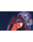 Zero Two 40x20 desk pad featuring deep blues, fiery reds, and piercing green eyes for intense anime style