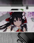 40x20 inches pink sakura petal desk pad, soft romantic mood on white clouds with cute red accents.