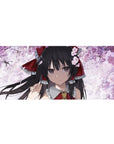 36x16 inches anime girl desk pad with sakura petals, cloudy white background, red ribbon shrine maiden.