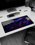 Modern 32x16 inches mouse pad showcasing neon-infused abstract design, with vivid blues and magentas rippling across a dark background for energy.