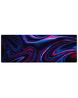 Compact 32x12 inches mouse pad with neon-infused abstract waves of vivid blues and magentas, creating a sleek and dynamic workspace aesthetic.